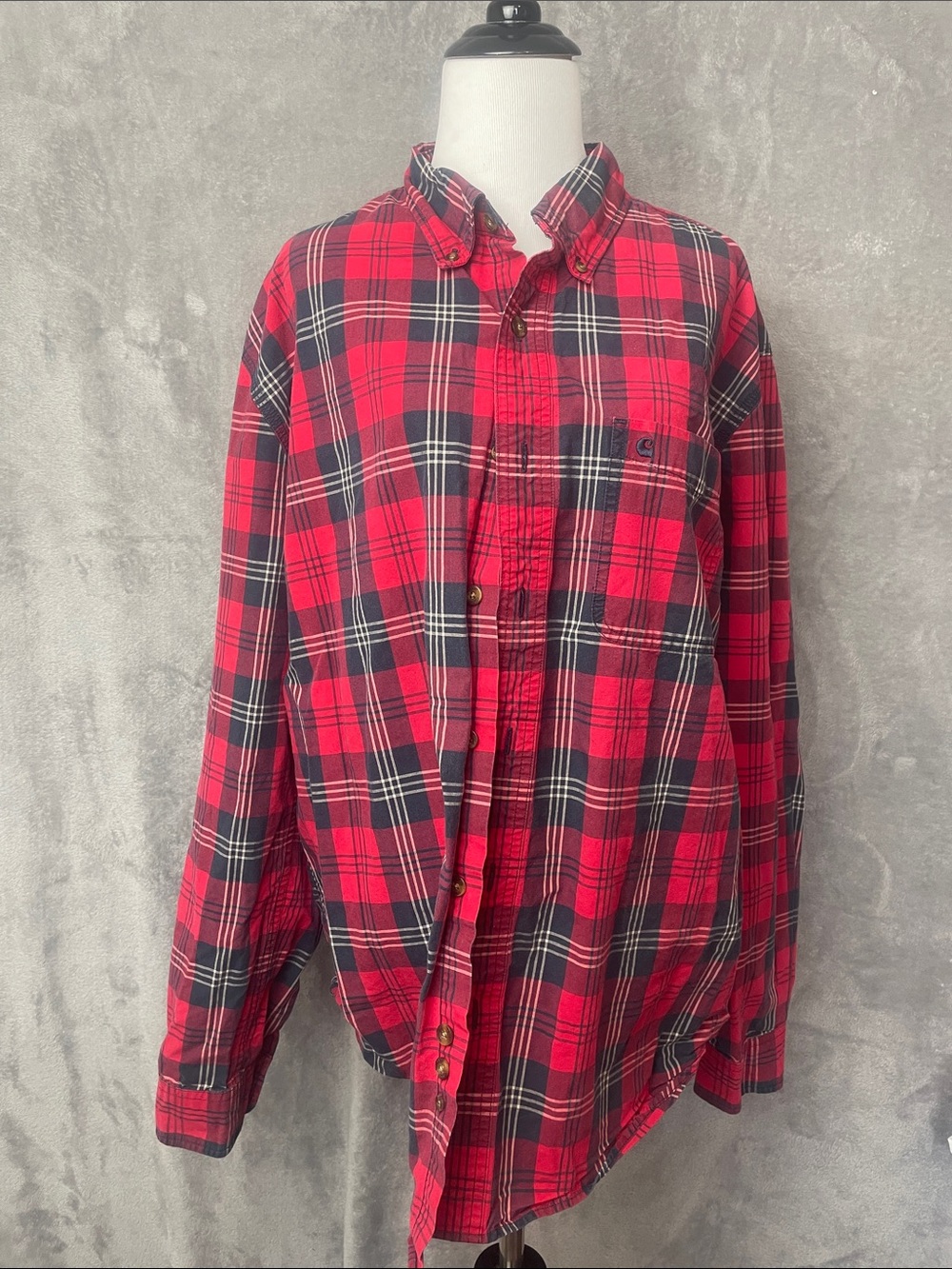 Men's Carhartt 100% Cotton Plaid Red & Navy Button Down Shirt XL